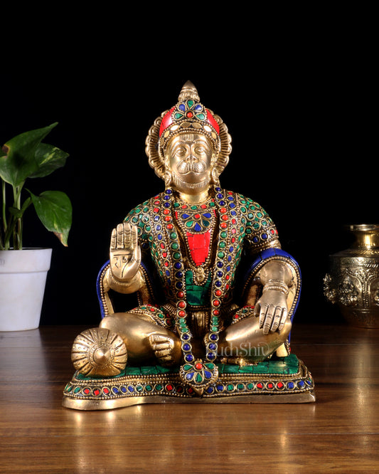 Hanuman ji Brass Idol 9.5" with stonework