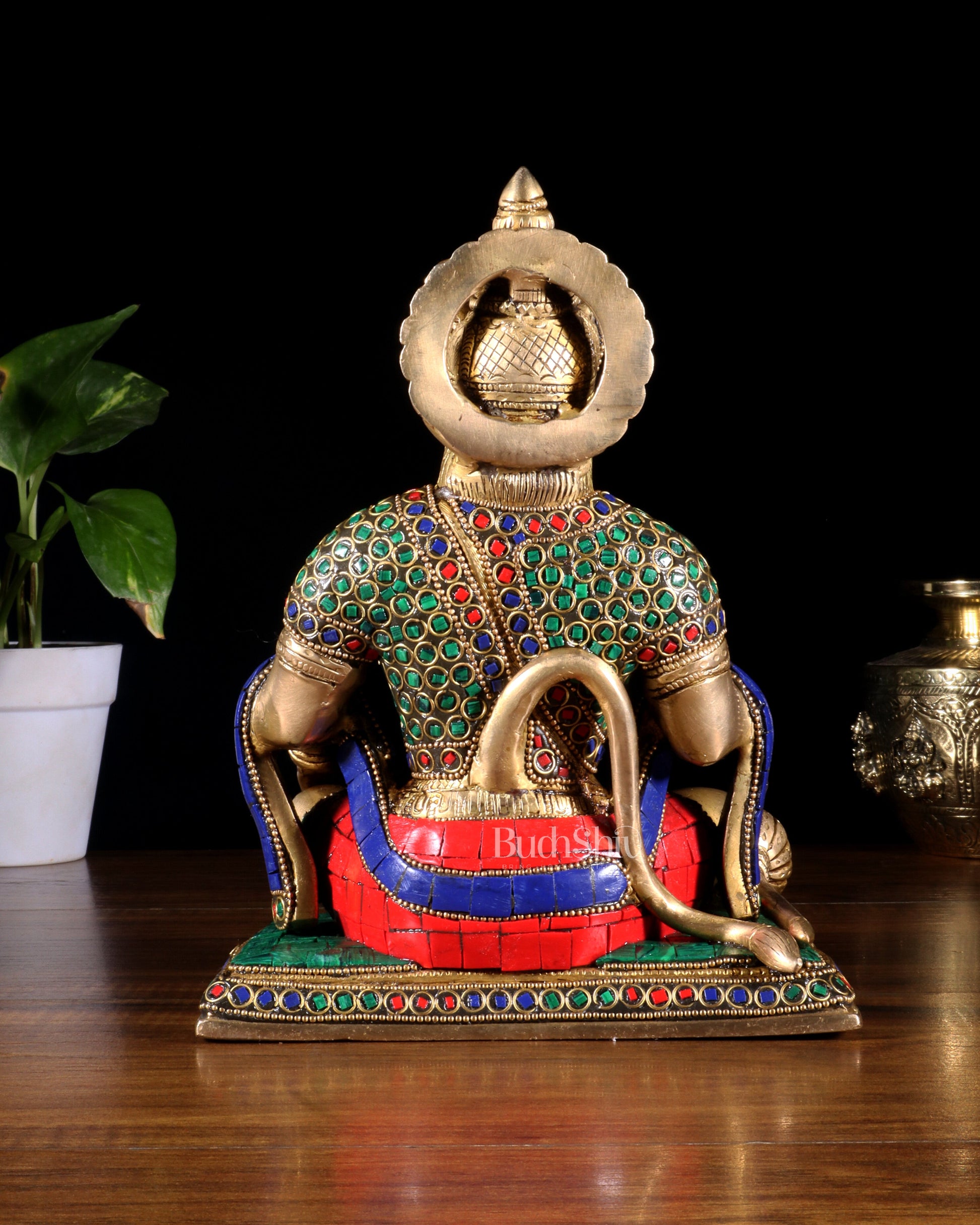 Hanuman ji Brass Idol 9.5" with stonework