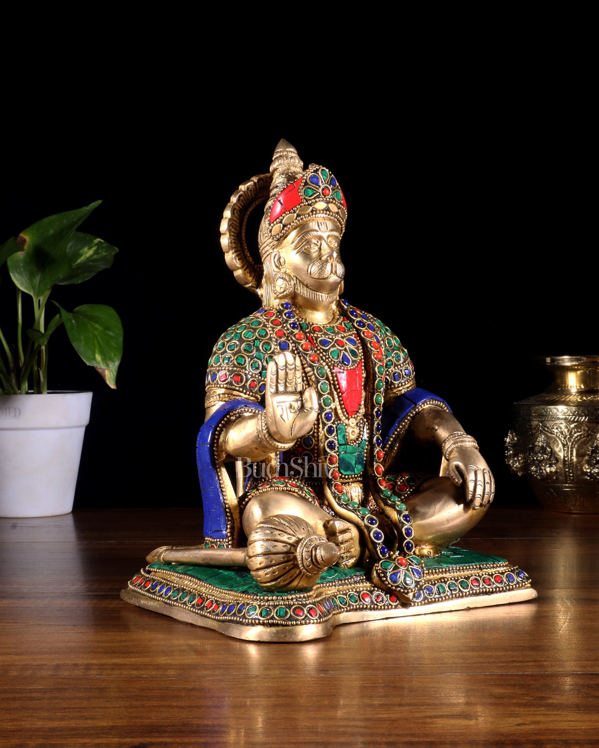 Hanuman ji Brass Idol 9.5" with stonework