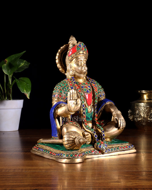 Hanuman ji Brass Idol 9.5" with stonework