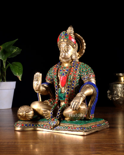 Hanuman ji Brass Idol 9.5" with stonework