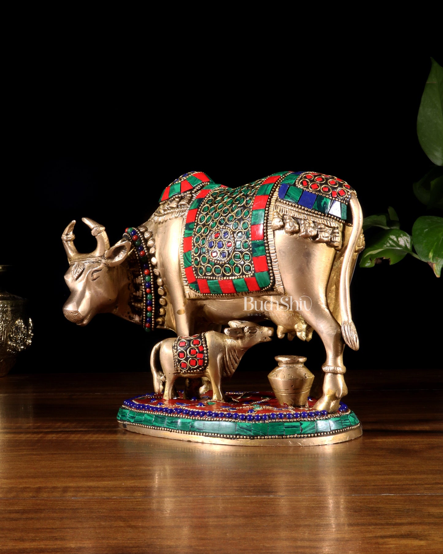 Handcrafted Brass Cow and Calf Statue with stonework  8.5"