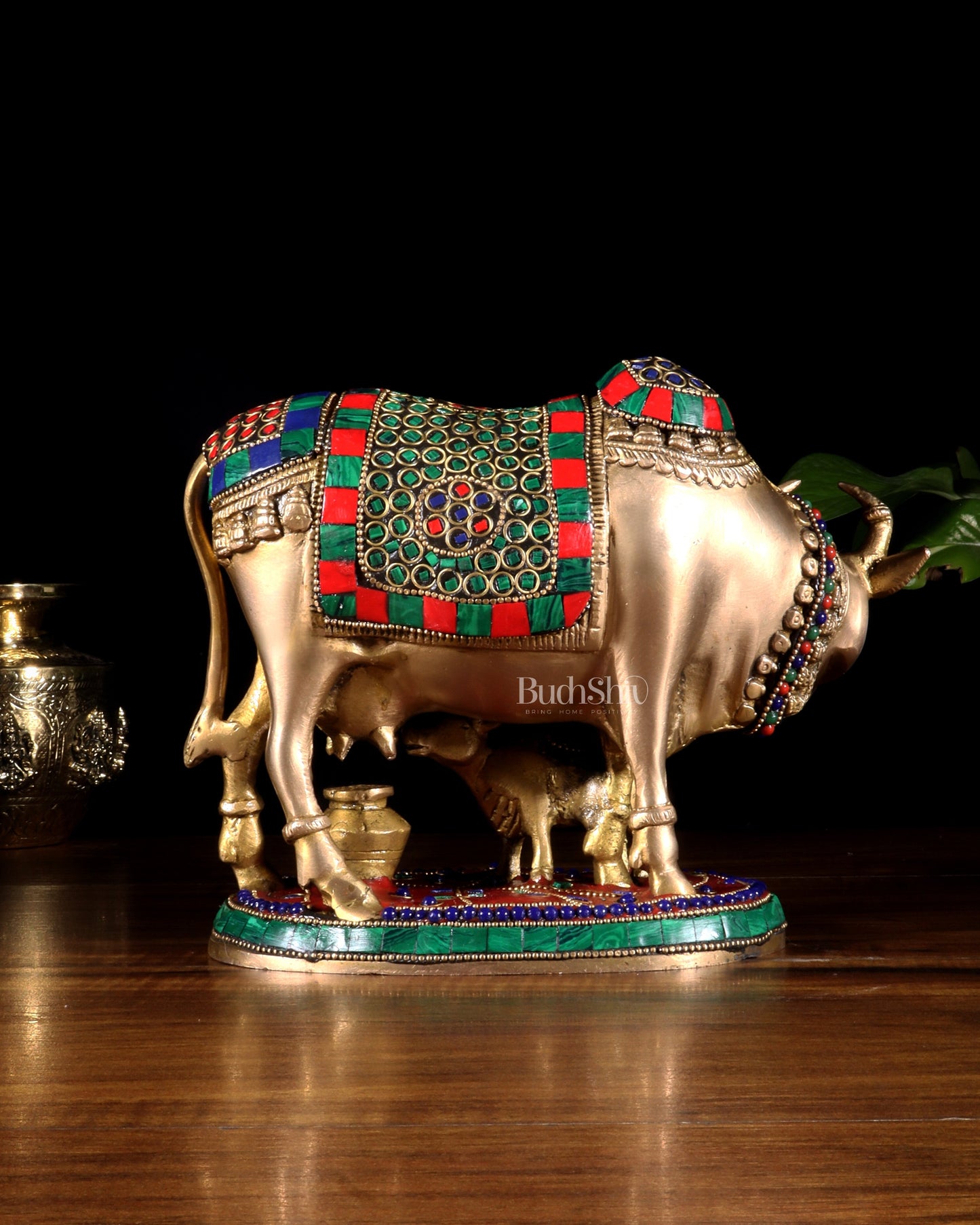 Handcrafted Brass Cow and Calf Statue with stonework  8.5"