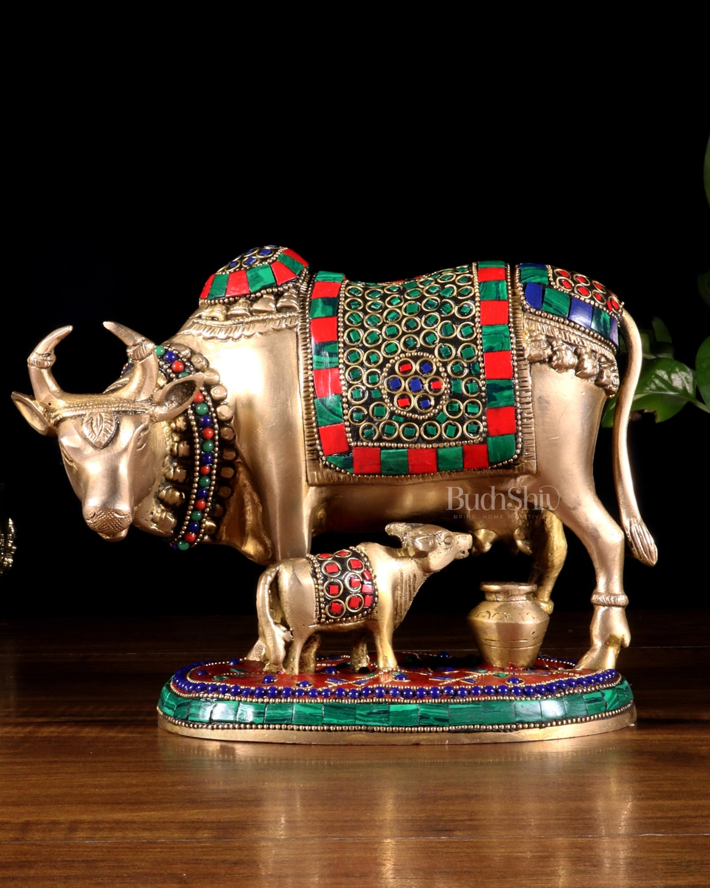 Handcrafted Brass Cow and Calf Statue with stonework  8.5"