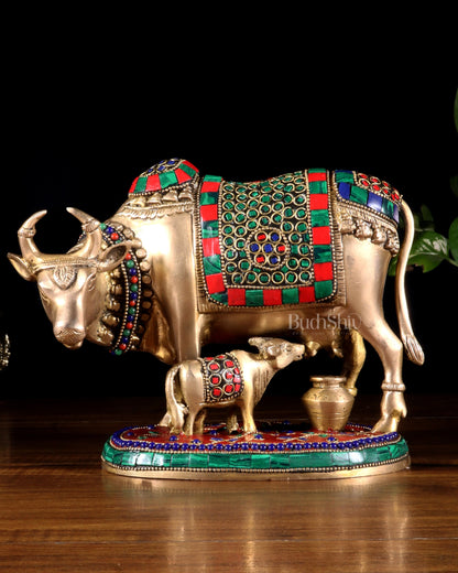 Handcrafted Brass Cow and Calf Statue with stonework  8.5"