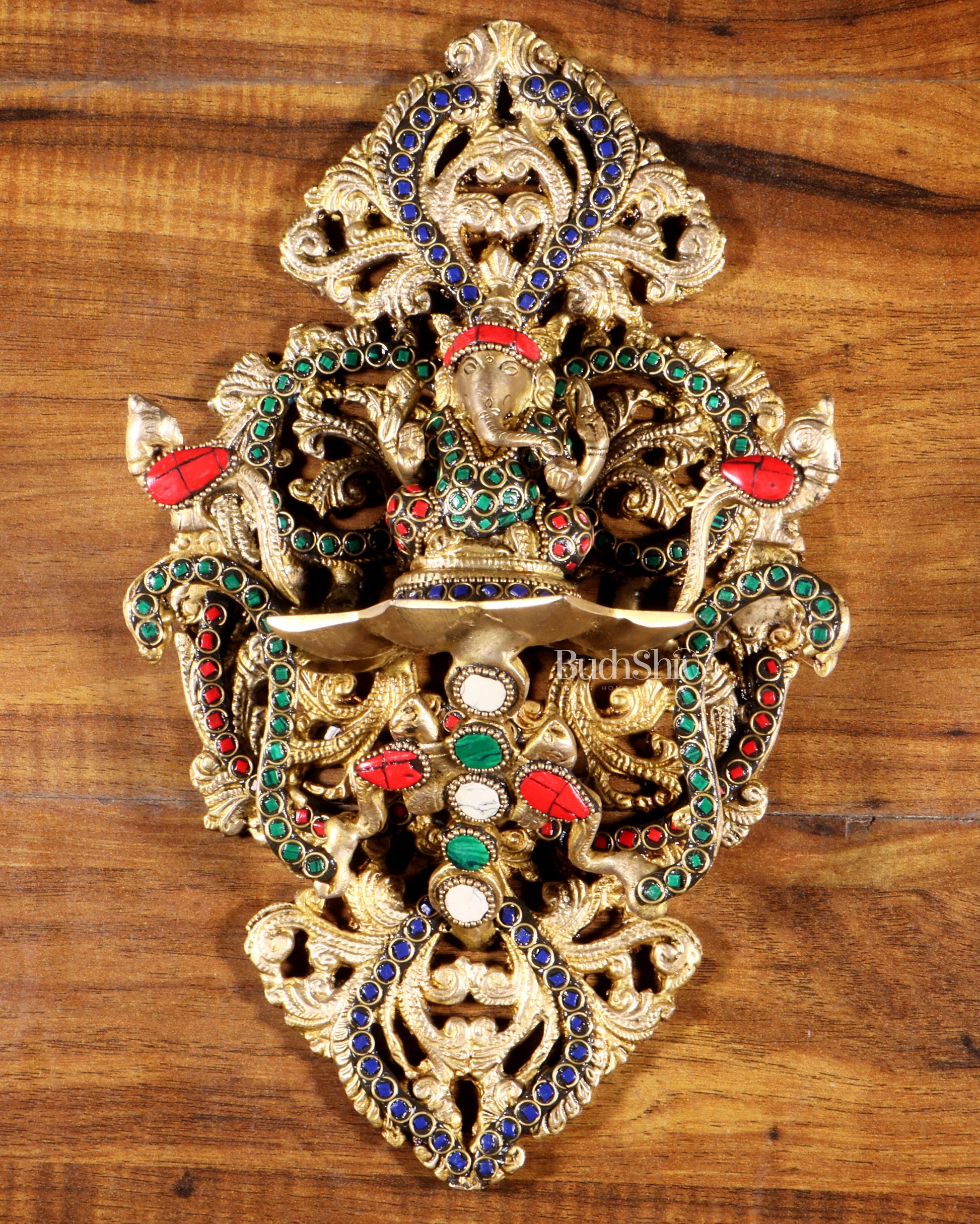 Pure Brass Wall Hanging Ganesha Diya with Stone Inlay – 13 Inches