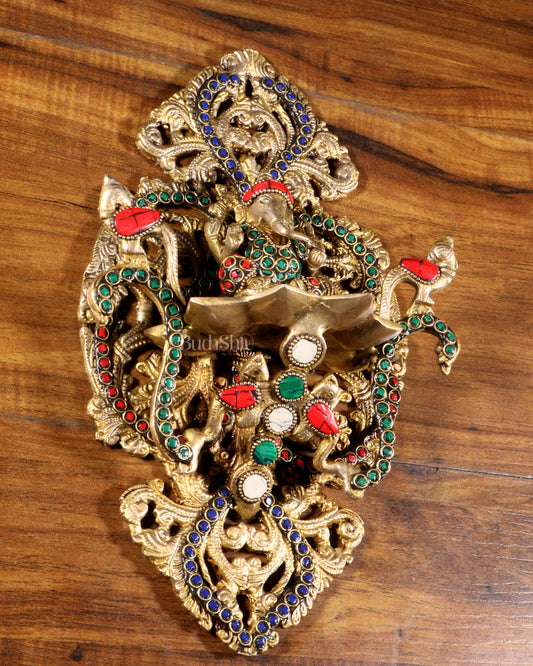 Pure Brass Wall Hanging Ganesha Diya with Stone Inlay – 13 Inches