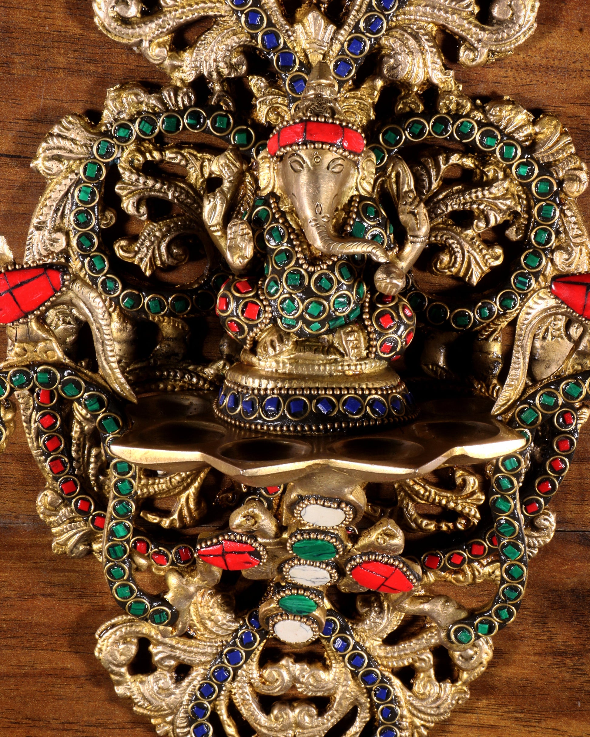 Pure Brass Wall Hanging Ganesha Diya with Stone Inlay – 13 Inches