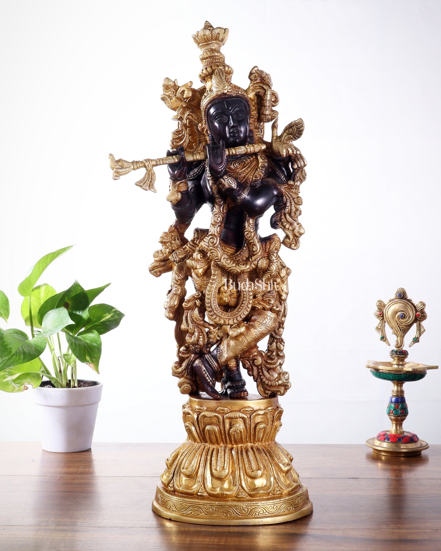 Pure Brass Handcrafted Krishna Statue – 21" black and gold finish