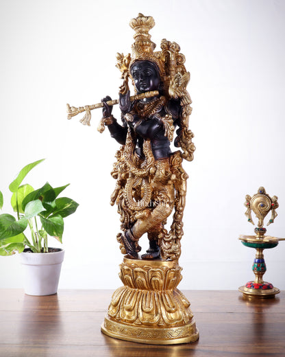Pure Brass Handcrafted Krishna Statue – 21" black and gold finish