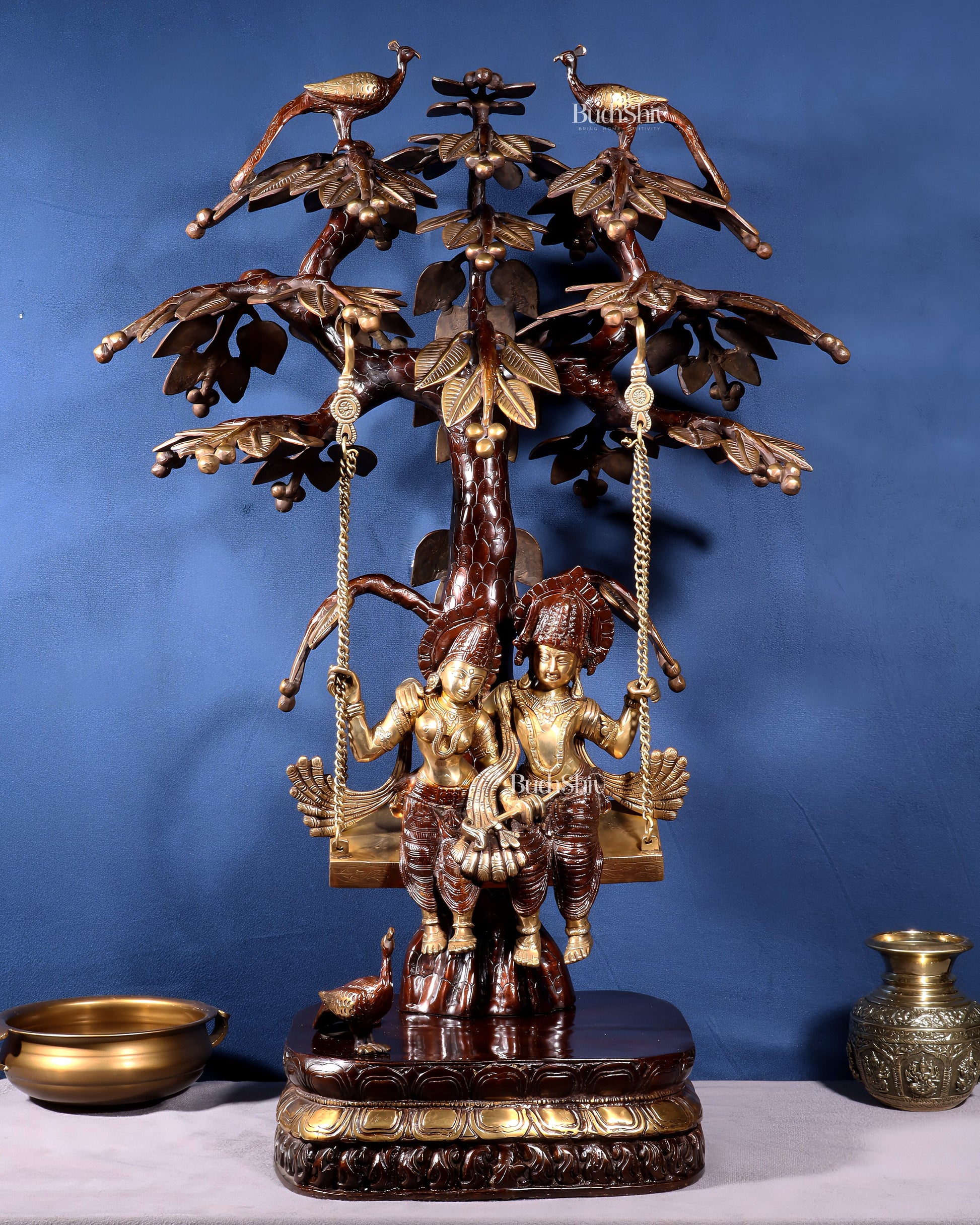 Large Brass Radha Krishna Swing with Kalpavriksha tree Brown-Gold Finish 3 feet