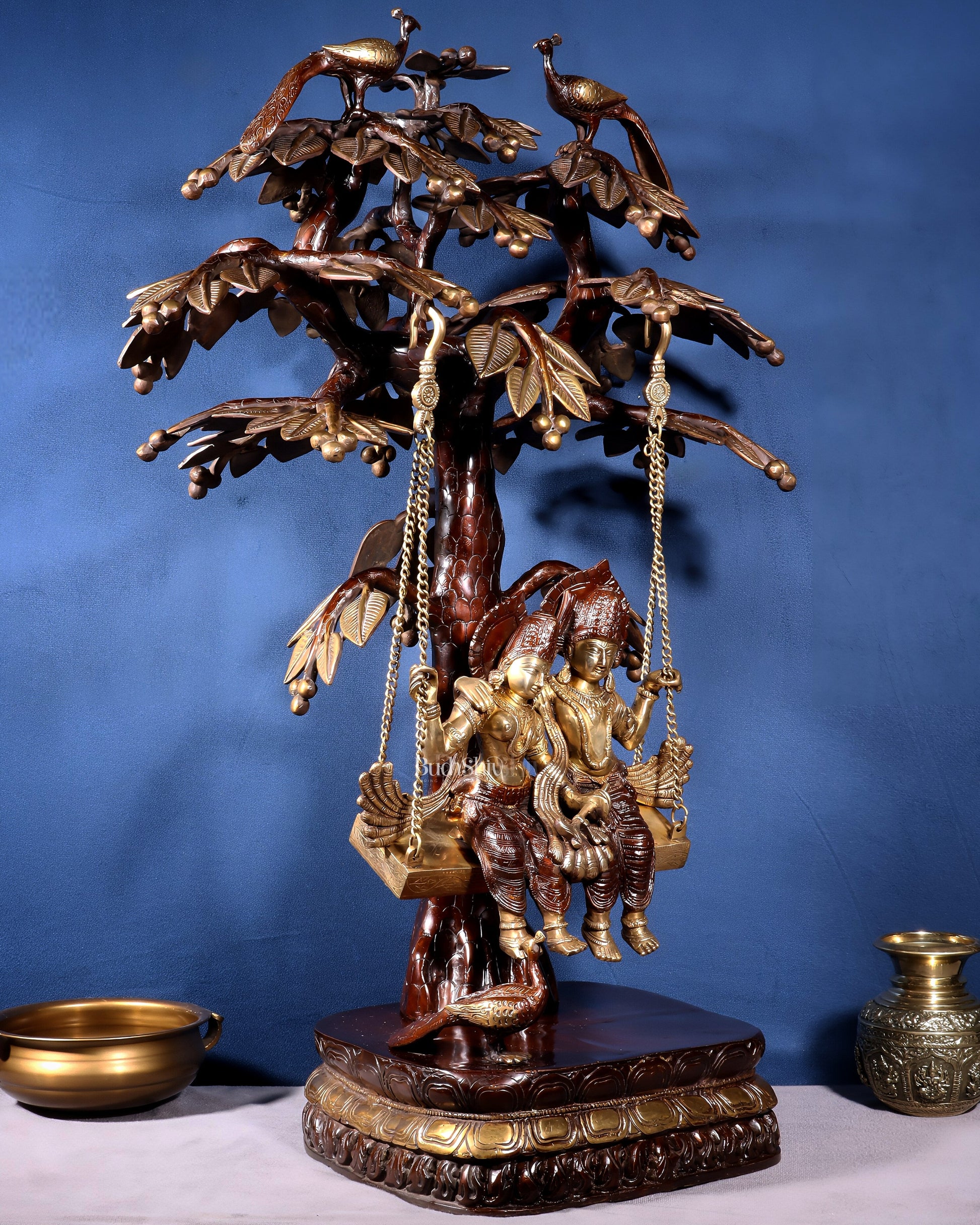 Large Brass Radha Krishna Swing with Kalpavriksha tree Brown-Gold Finish 3 feet
