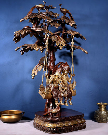 Large Brass Radha Krishna Swing with Kalpavriksha tree Brown-Gold Finish 3 feet