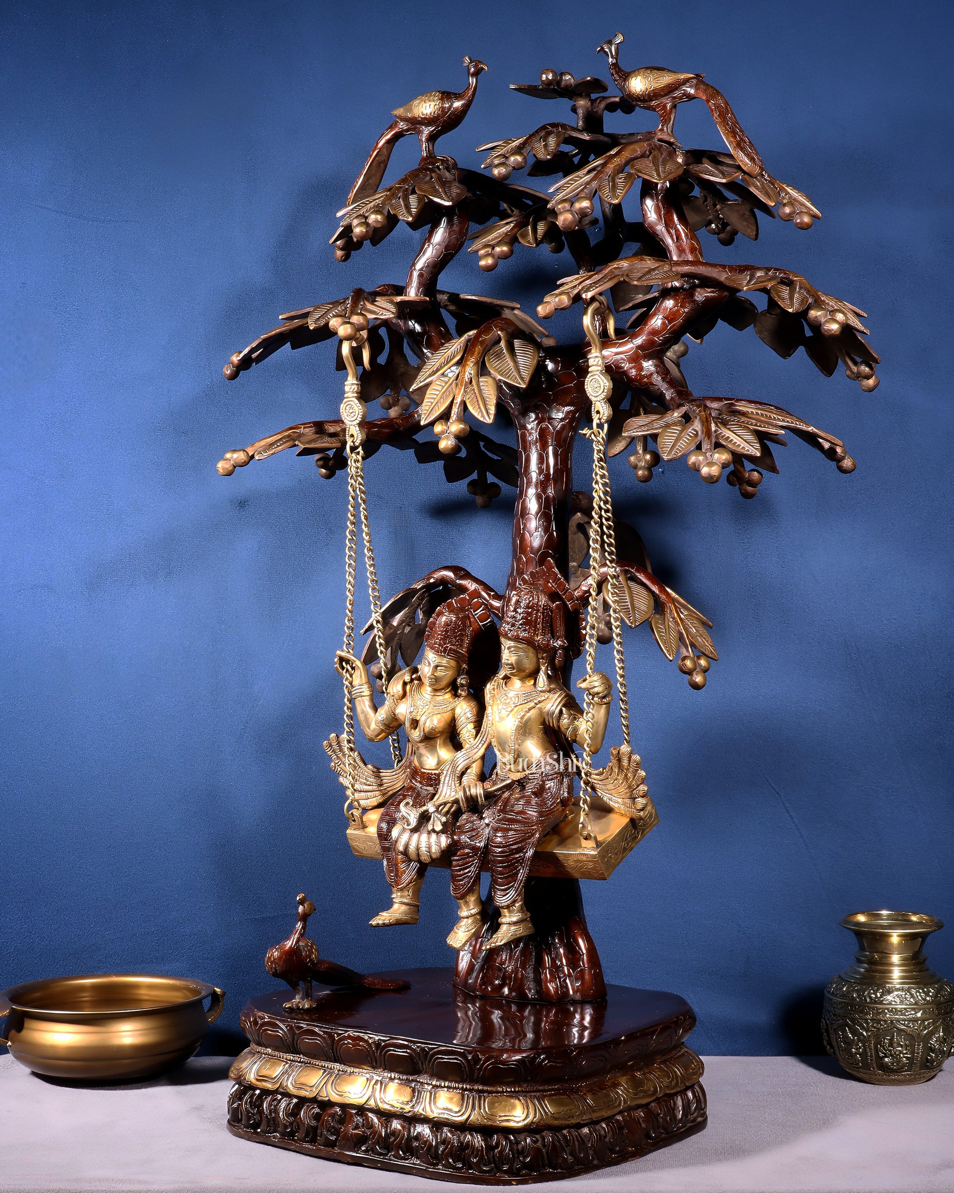 Large Brass Radha Krishna Swing with Kalpavriksha tree Brown-Gold Finish 3 feet