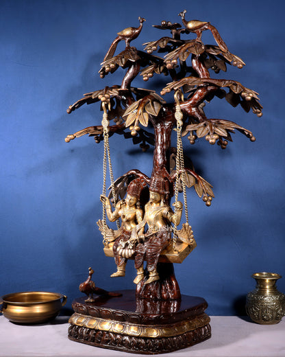 Large Brass Radha Krishna Swing with Kalpavriksha tree Brown-Gold Finish 3 feet