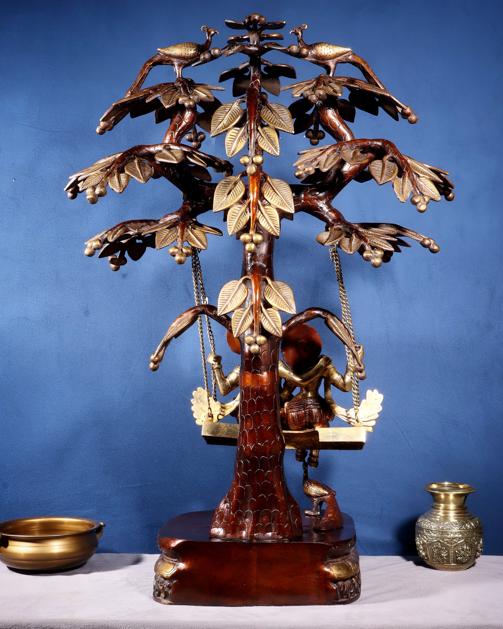 Large Brass Radha Krishna Swing with Kalpavriksha tree Brown-Gold Finish 3 feet