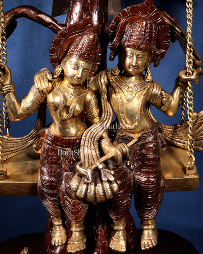 Large Brass Radha Krishna Swing with Kalpavriksha tree Brown-Gold Finish 3 feet