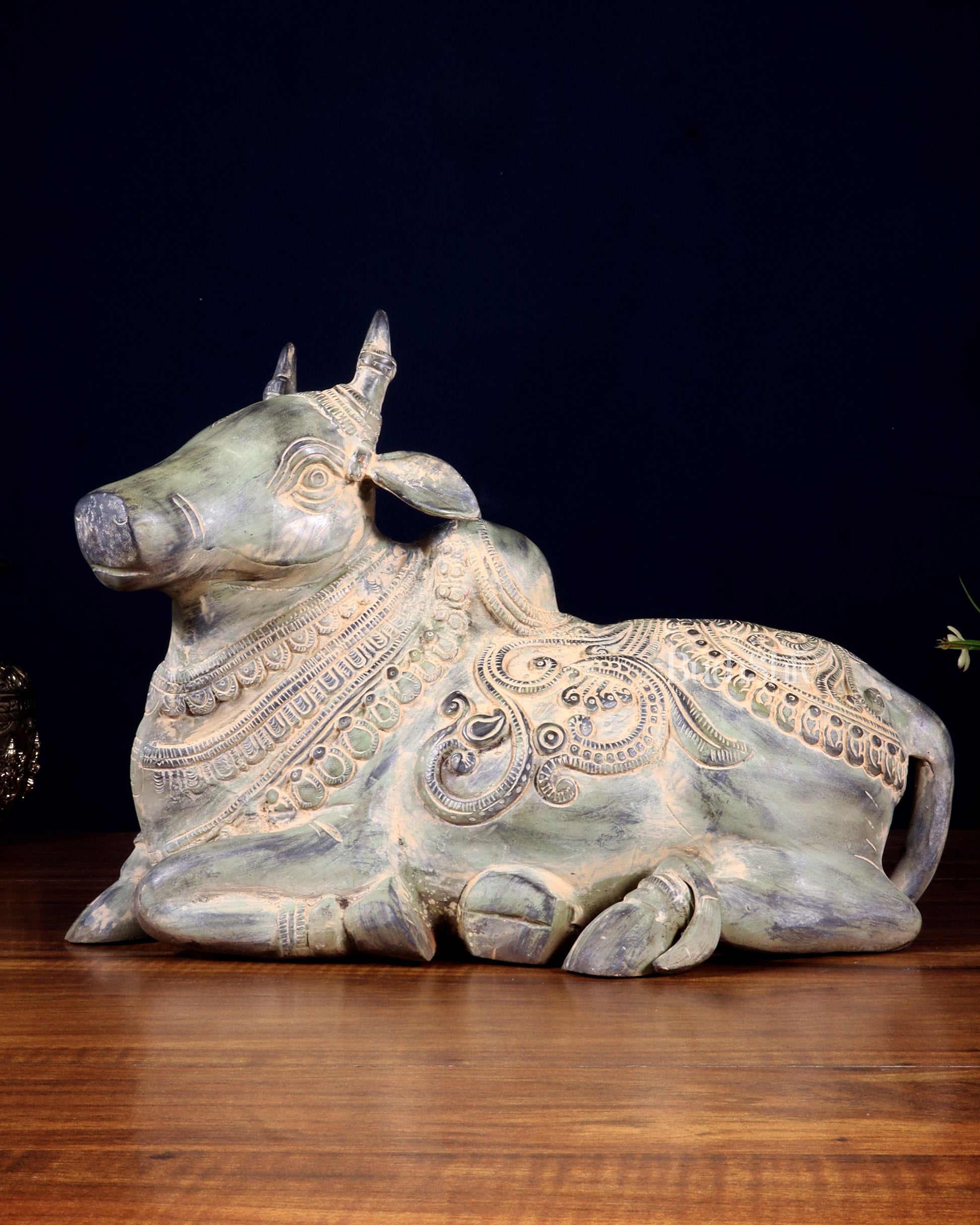 Vintage Pure Brass Nandi Statue – Sand Patina Finish | 13 inch