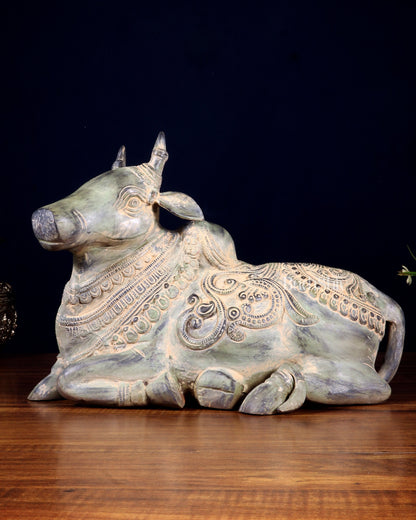Vintage Pure Brass Nandi Statue – Sand Patina Finish | 13 inch
