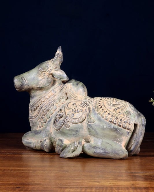 Vintage Pure Brass Nandi Statue – Sand Patina Finish | 13 inch