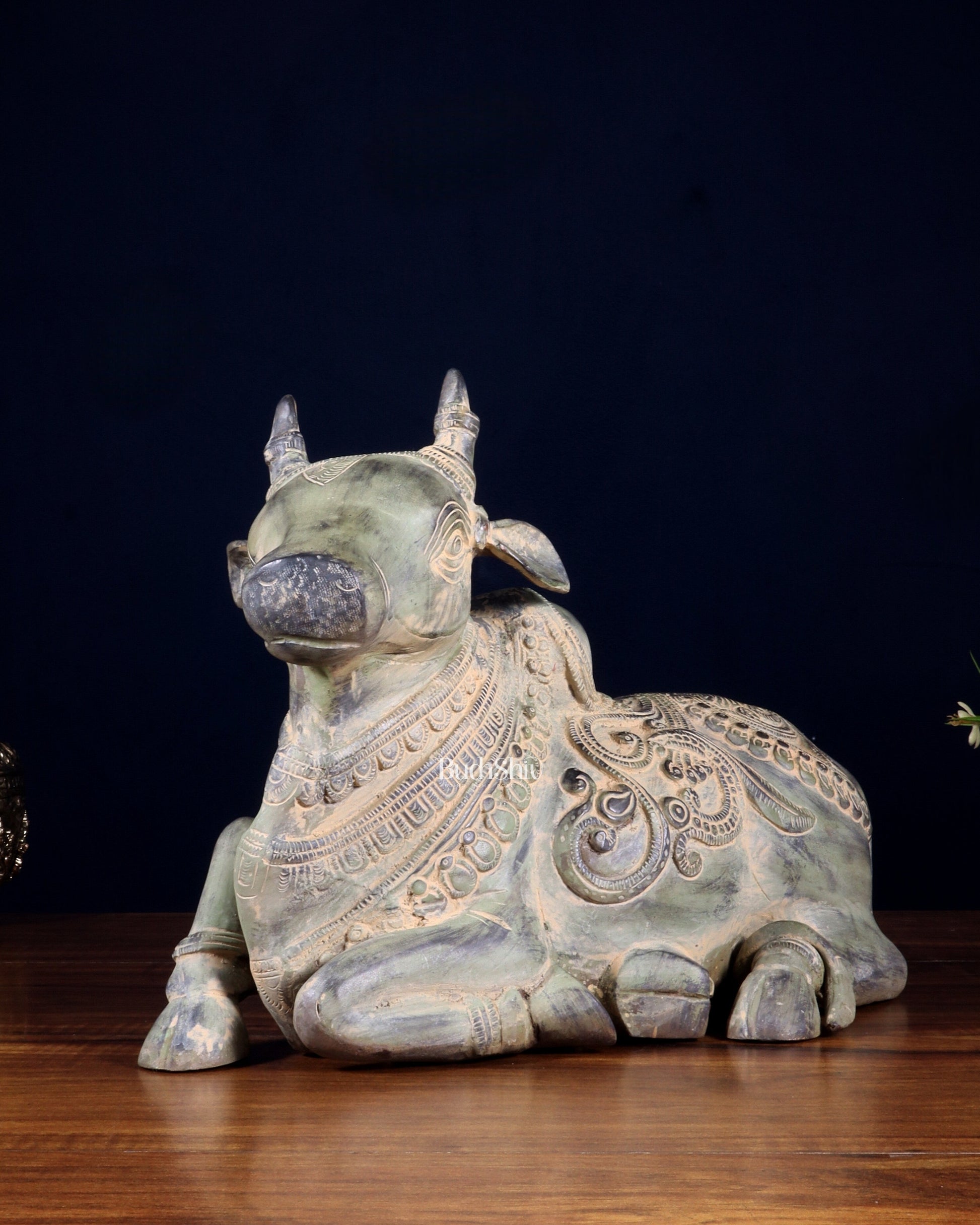 Vintage Pure Brass Nandi Statue – Sand Patina Finish | 13 inch