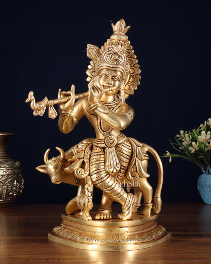 Pure Brass Lord Krishna with Cow Statue – 11 Inch