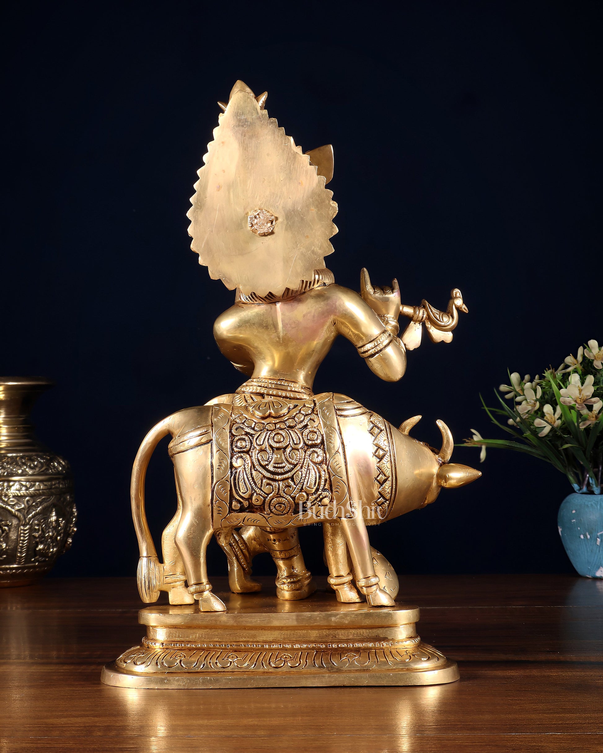 Pure Brass Lord Krishna with Cow Statue – 11 Inch