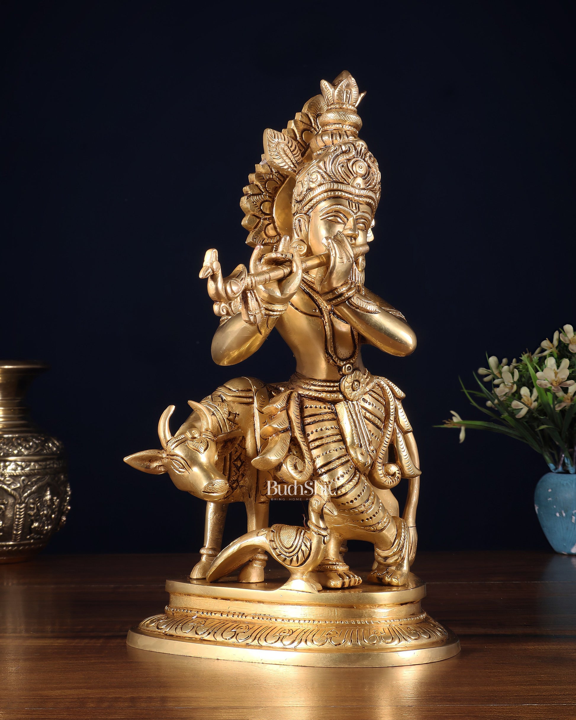 Pure Brass Lord Krishna with Cow Statue – 11 Inch