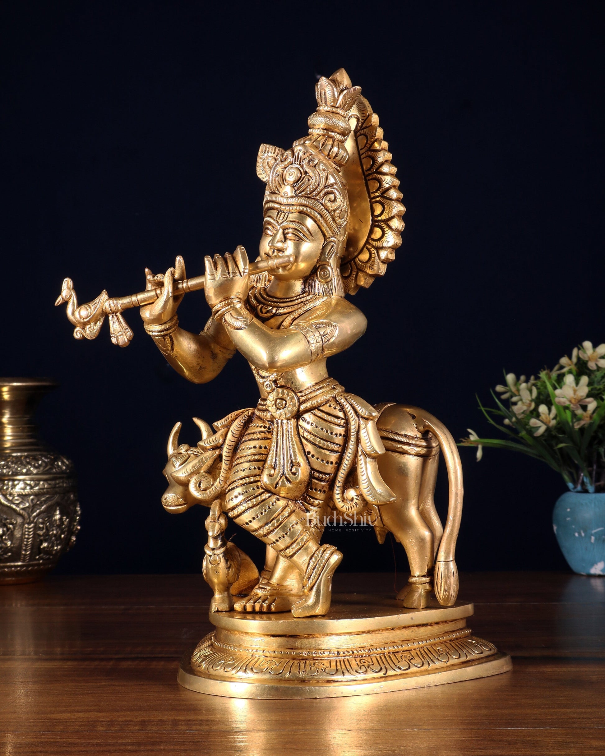 Pure Brass Lord Krishna with Cow Statue – 11 Inch
