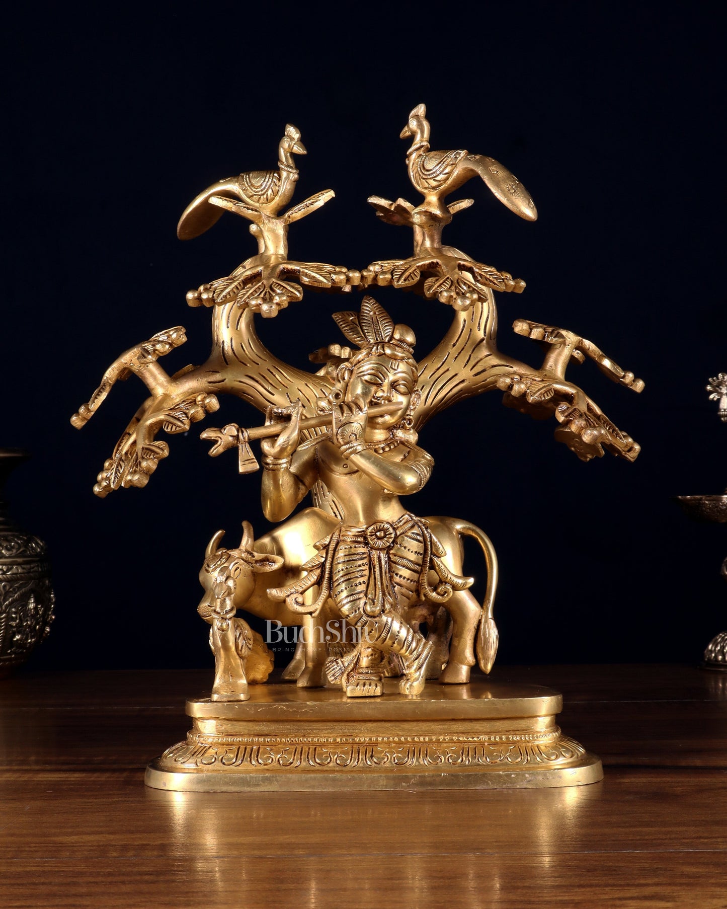 Pure Brass Superfine Lord Krishna with Cow, Peacock & Kadamba Tree – 11.5 Inch