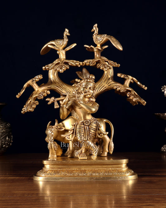 Pure Brass Superfine Lord Krishna with Cow, Peacock & Kadamba Tree – 11.5 Inch