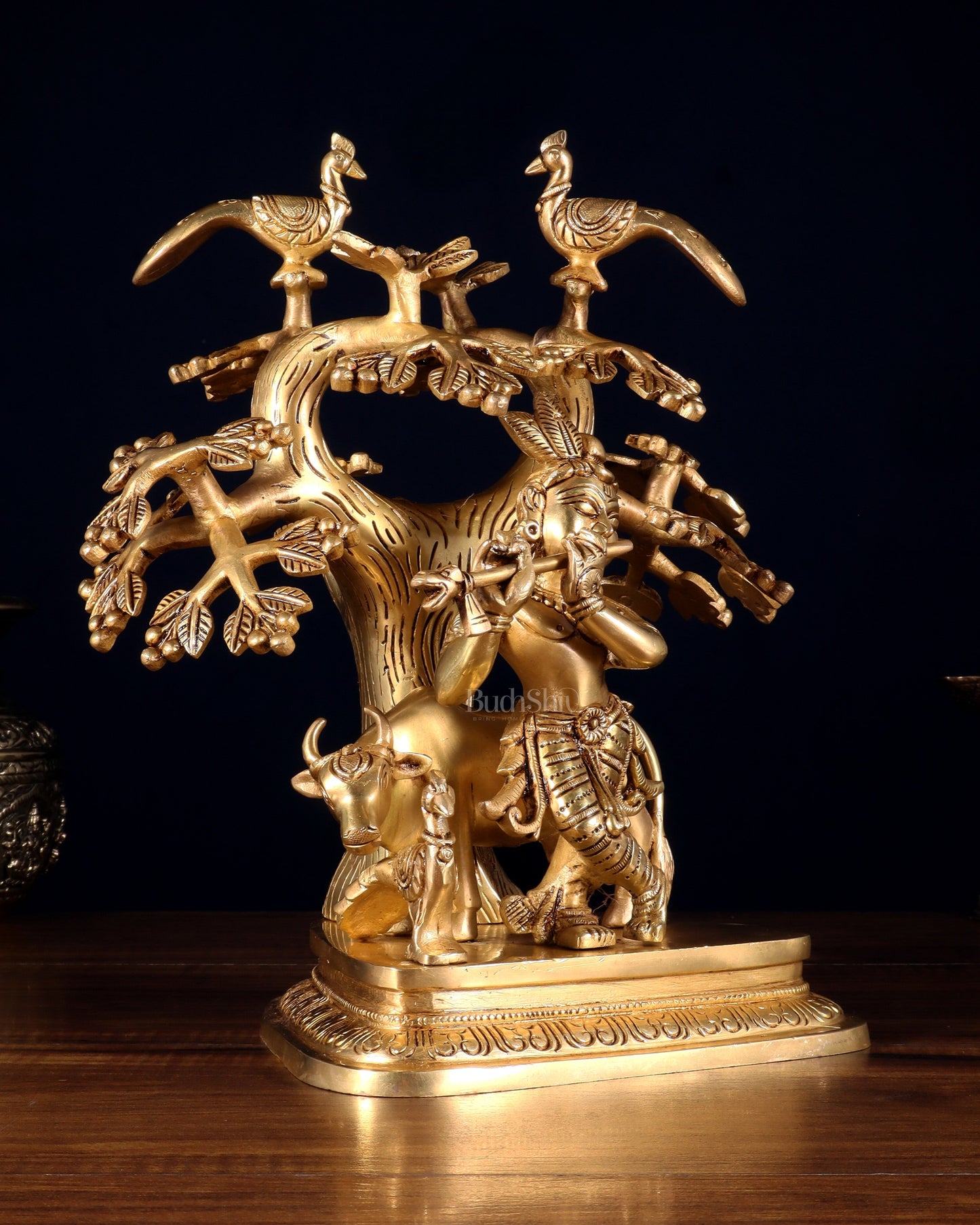 Pure Brass Superfine Lord Krishna with Cow, Peacock & Kadamba Tree – 11.5 Inch