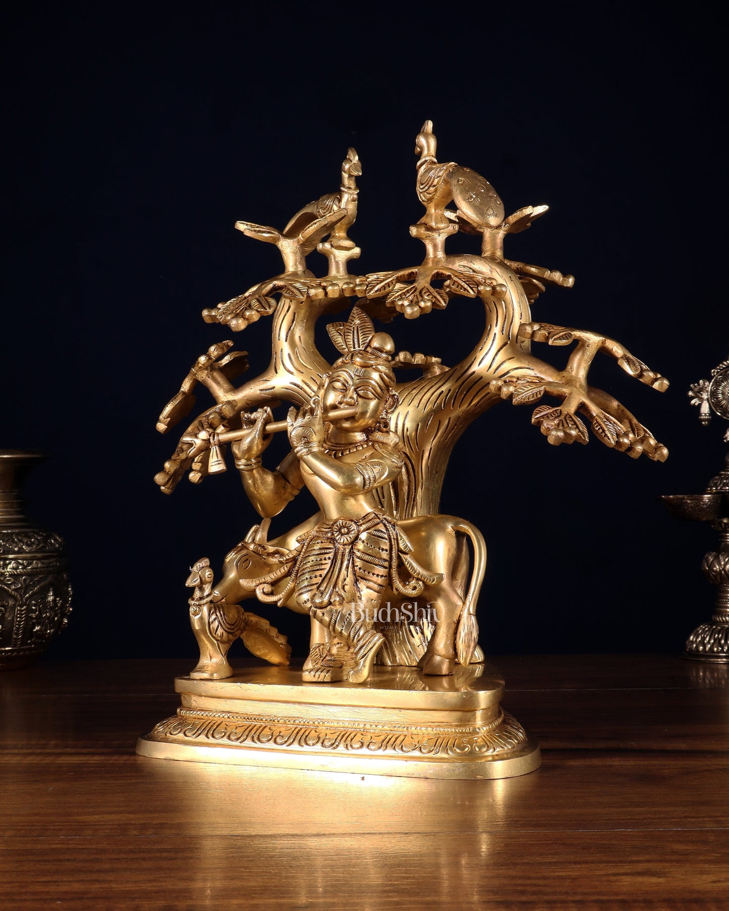 Pure Brass Superfine Lord Krishna with Cow, Peacock & Kadamba Tree – 11.5 Inch
