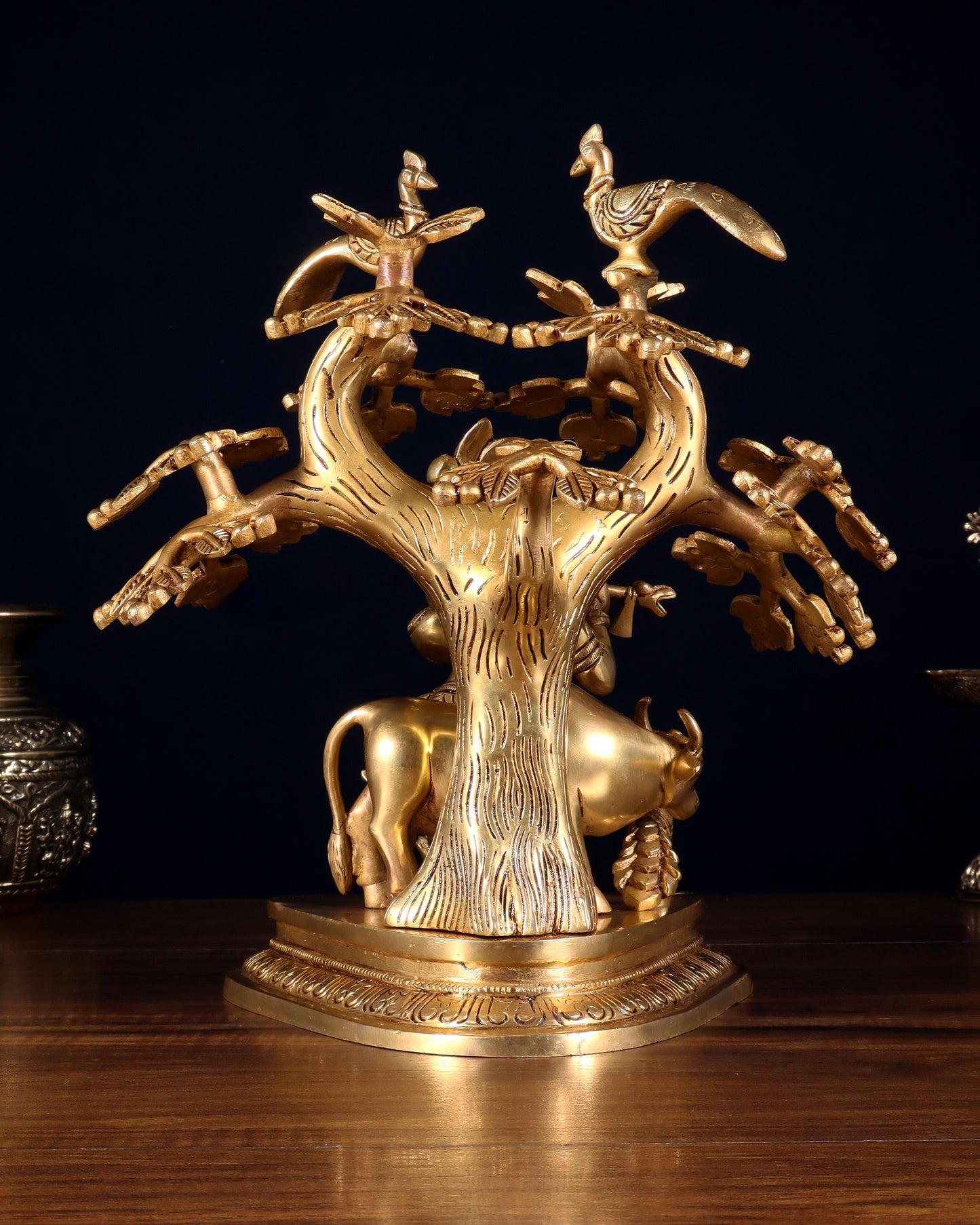 Pure Brass Superfine Lord Krishna with Cow, Peacock & Kadamba Tree – 11.5 Inch