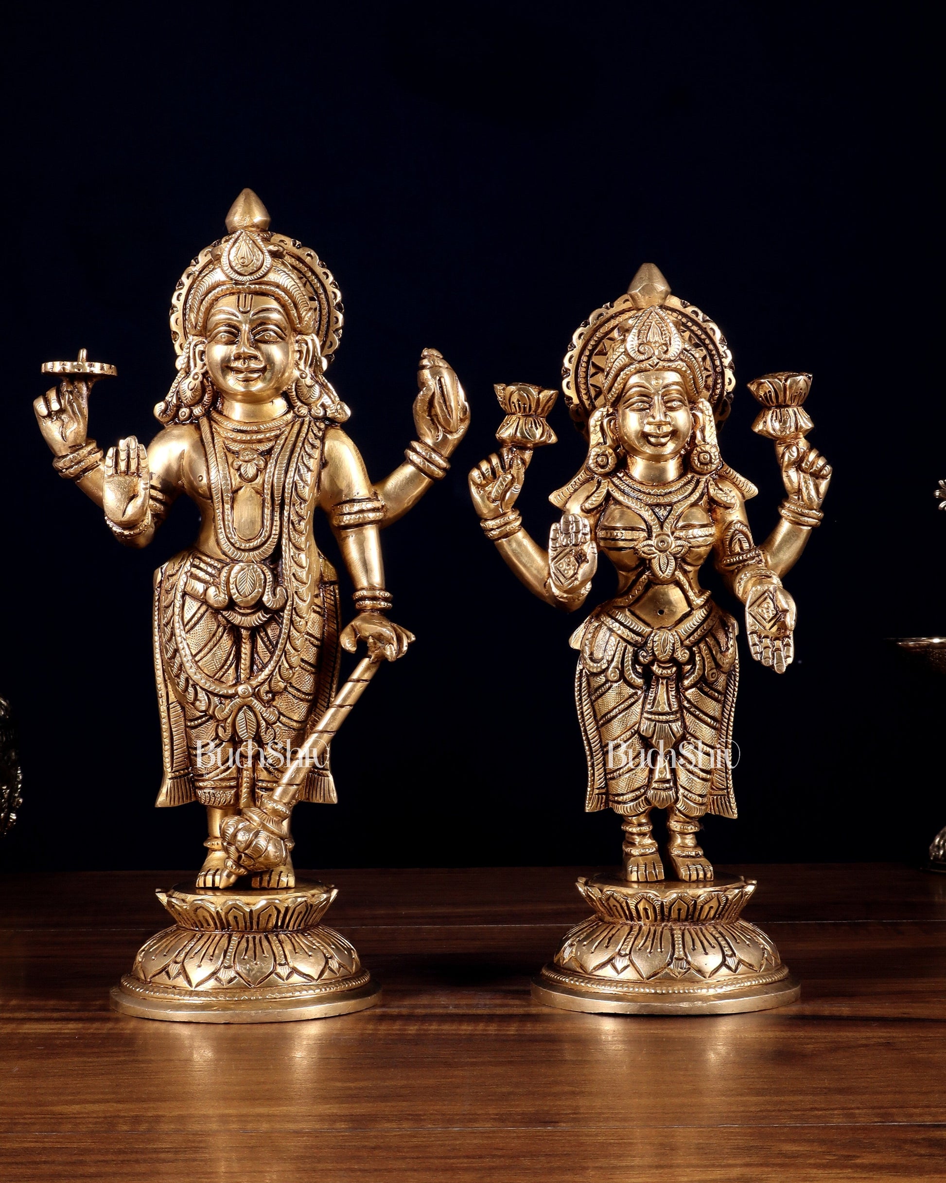 Pure Brass Vishnu Lakshmi Idols Pair – Lakshmi Narayan Murti Set |11"