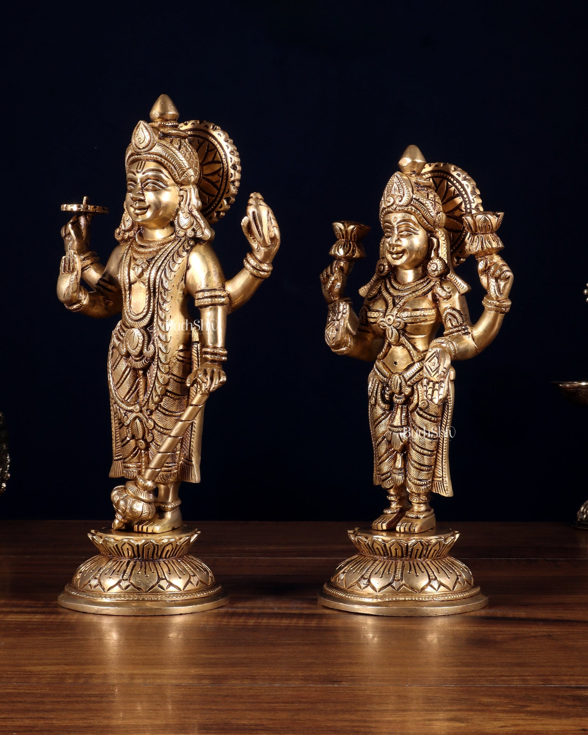 Pure Brass Vishnu Lakshmi Idols Pair – Lakshmi Narayan Murti Set |11"