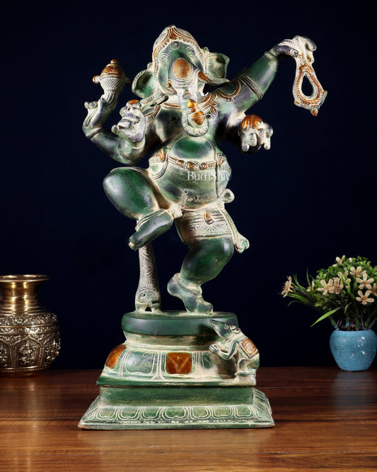 Brass Dancing Ganesha Statue - 17 inch vintage green patina