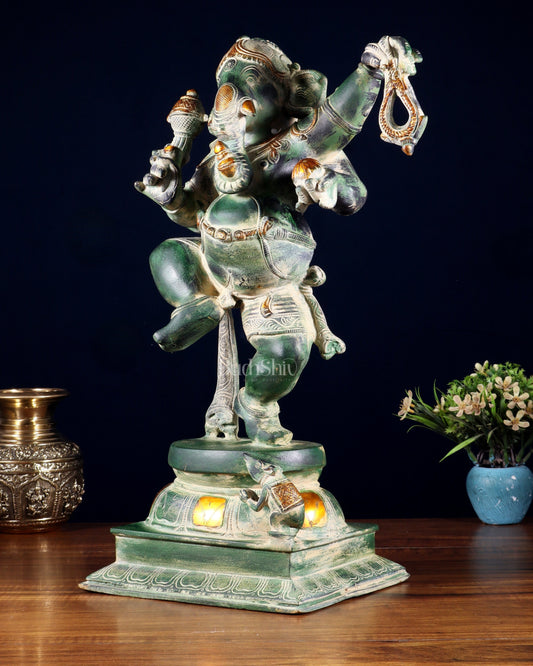 Brass Dancing Ganesha Statue - 17 inch vintage green patina