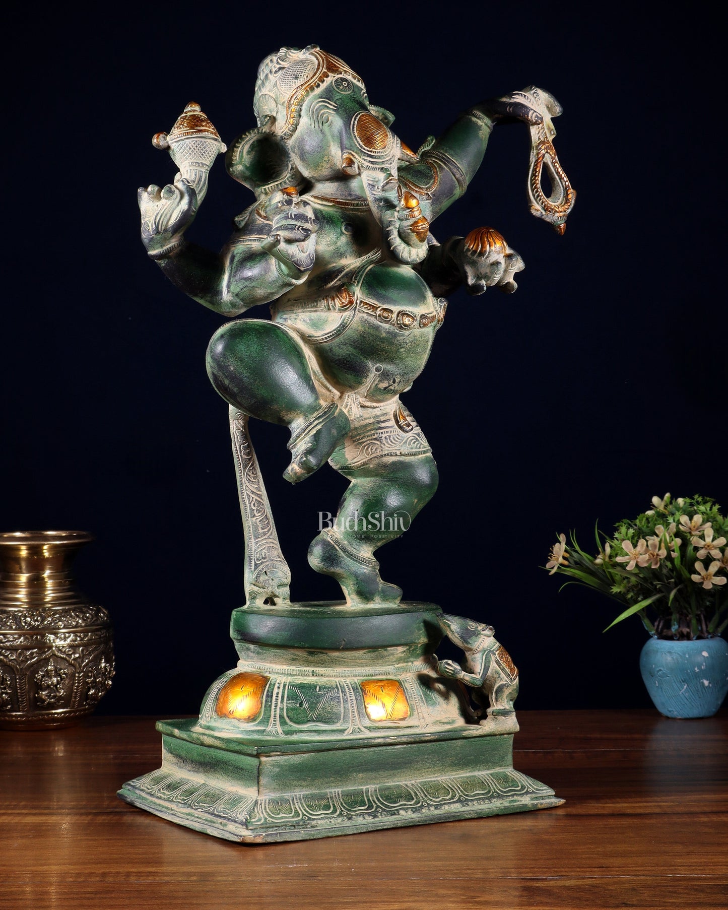Brass Dancing Ganesha Statue - 17 inch vintage green patina