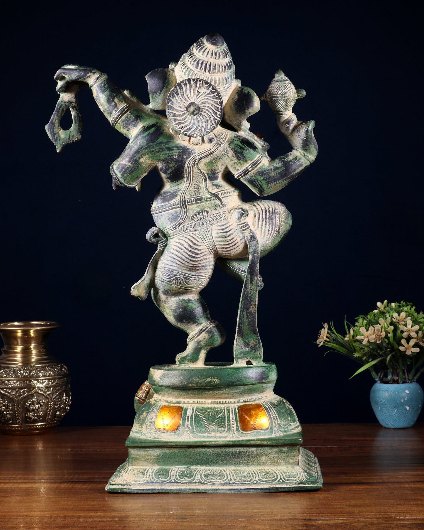 Brass Dancing Ganesha Statue - 17 inch vintage green patina