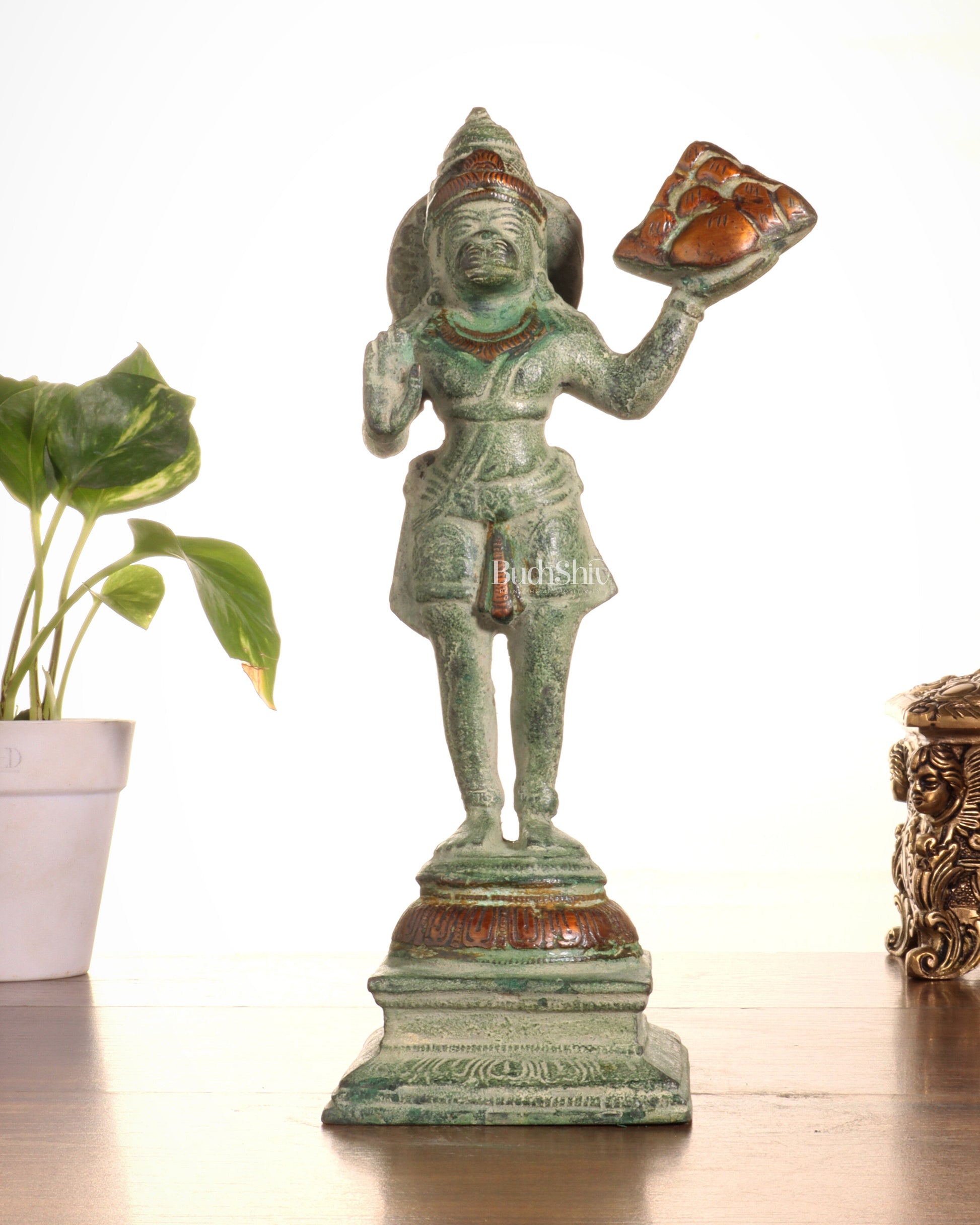 Pure Brass Vintage Sanjeevani Hanuman Statue – Green Sand Finish | 10-Inch