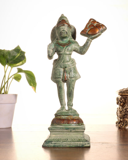 Pure Brass Vintage Sanjeevani Hanuman Statue – Green Sand Finish | 10-Inch
