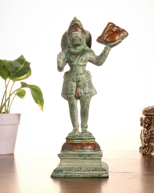 Pure Brass Vintage Sanjeevani Hanuman Statue – Green Sand Finish | 10-Inch