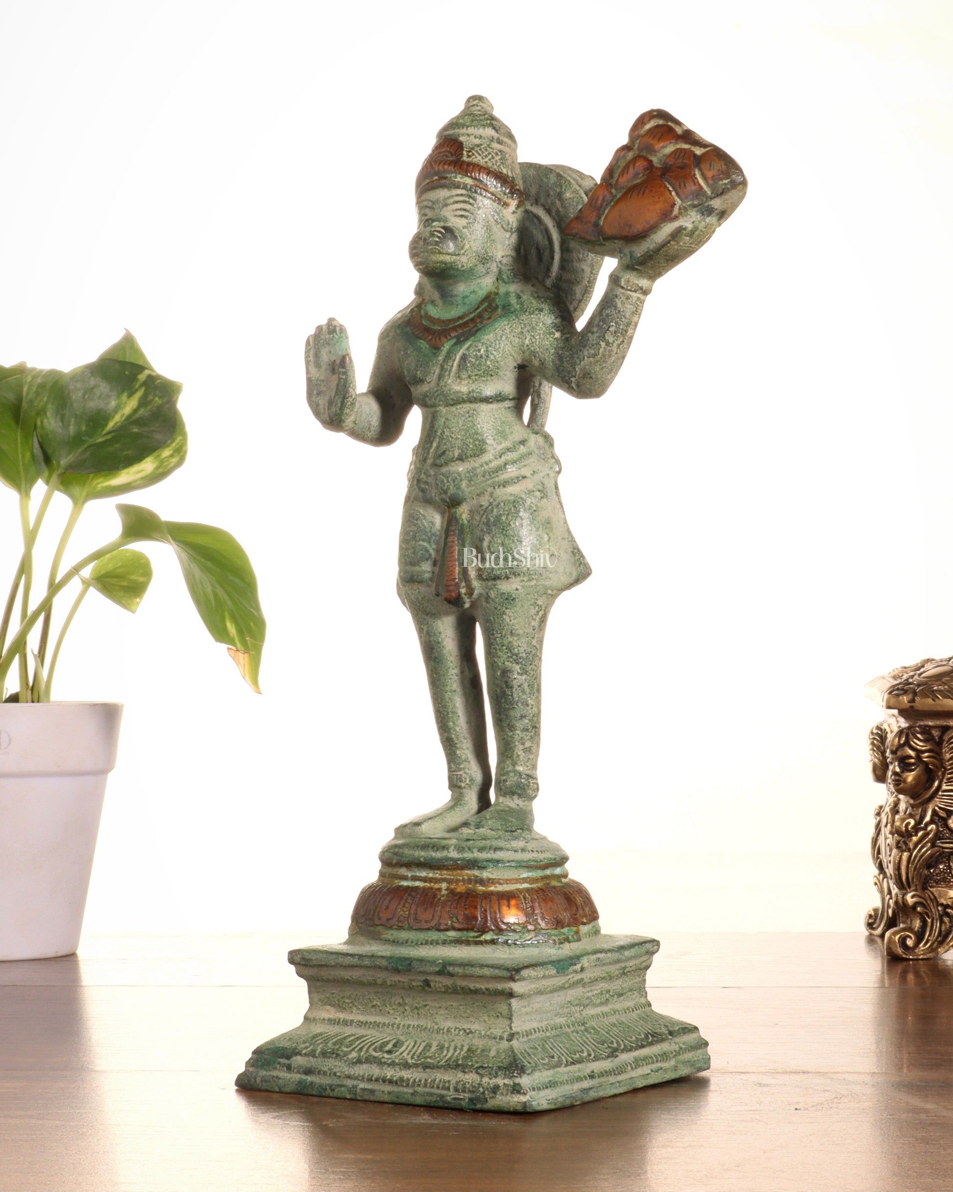 Pure Brass Vintage Sanjeevani Hanuman Statue – Green Sand Finish | 10-Inch