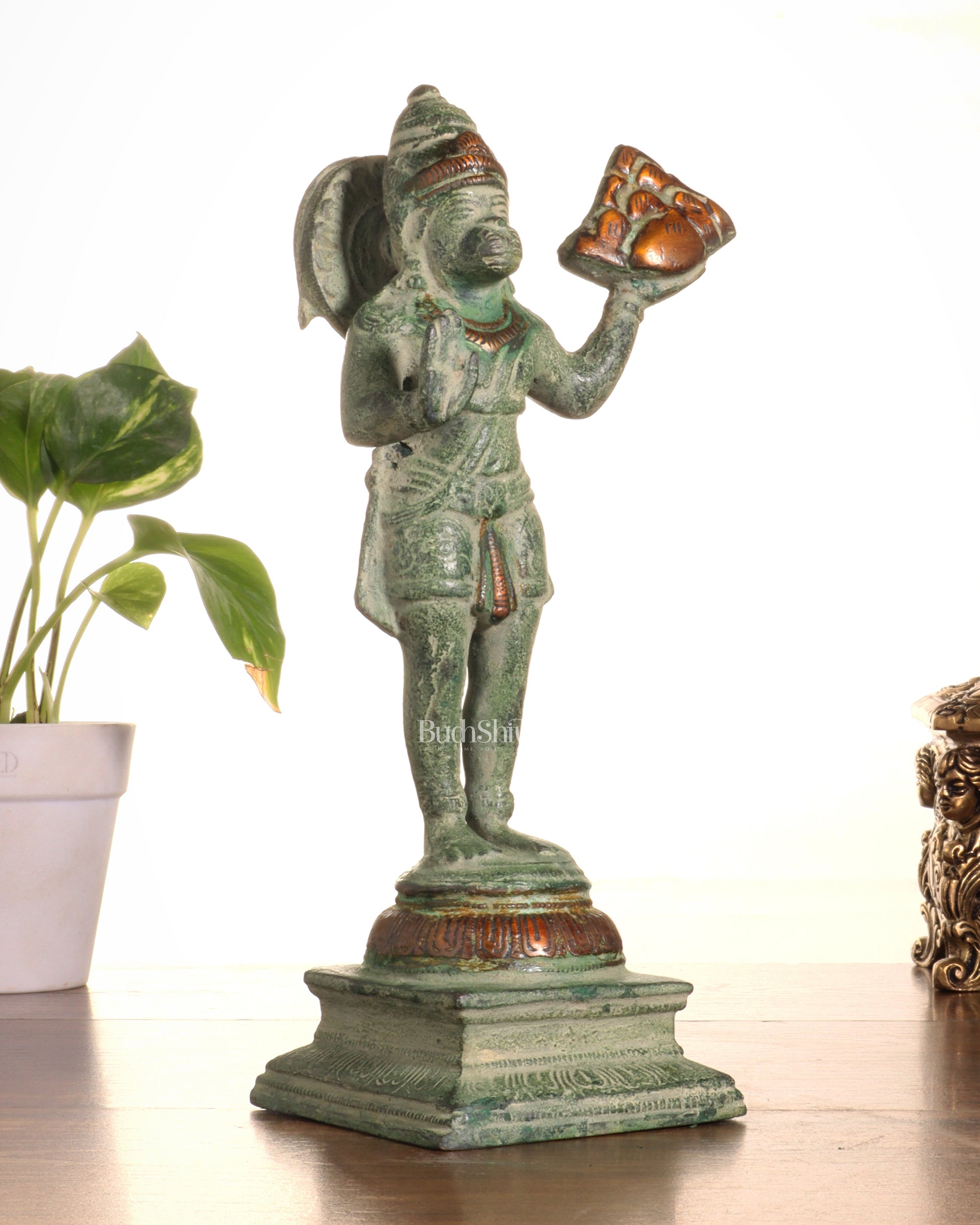 Pure Brass Vintage Sanjeevani Hanuman Statue – Green Sand Finish | 10-Inch