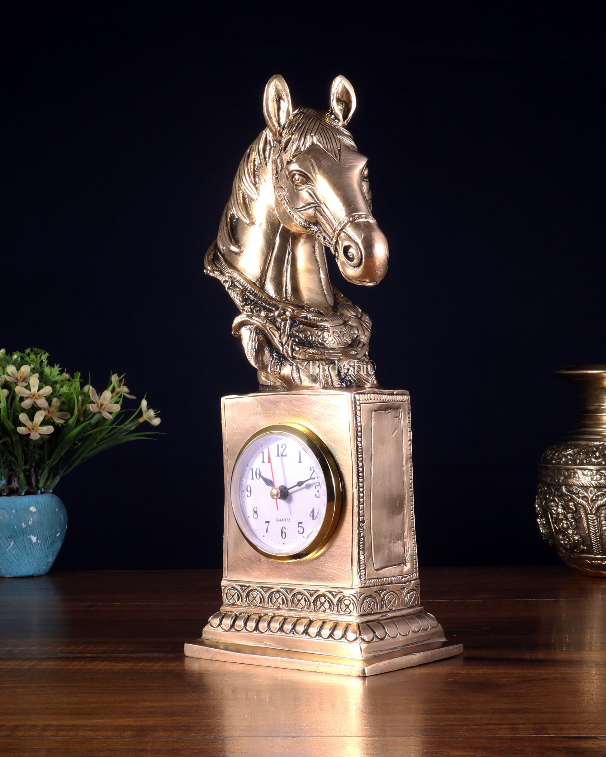 Vintage Brass Horse Head Table Clock | 11"