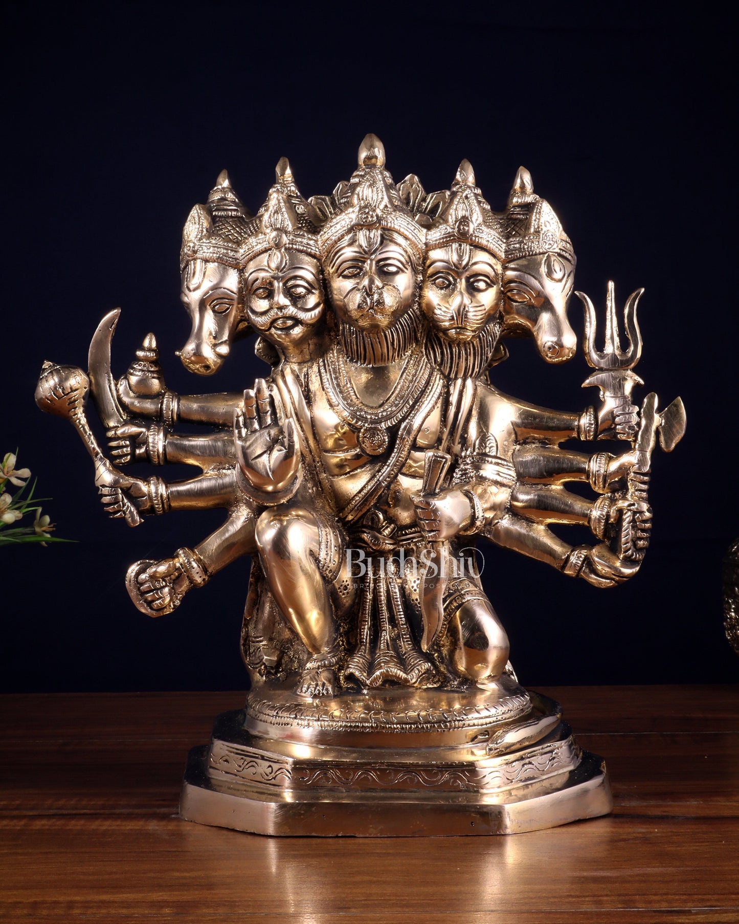Brass Panchmukhi Hanuman Sculpture - 11" Glossy finish