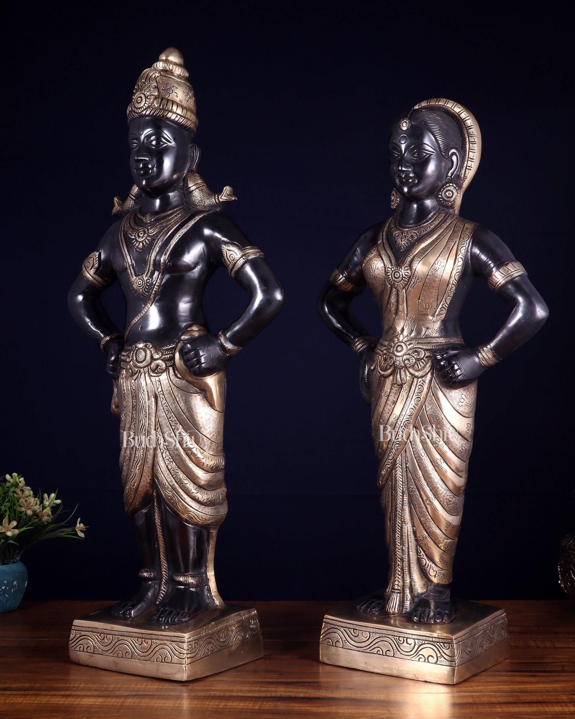 Brass Superfine Vitthal Rukmani Idol Pair 25" Grand Temple-Style Sculptures black and gold