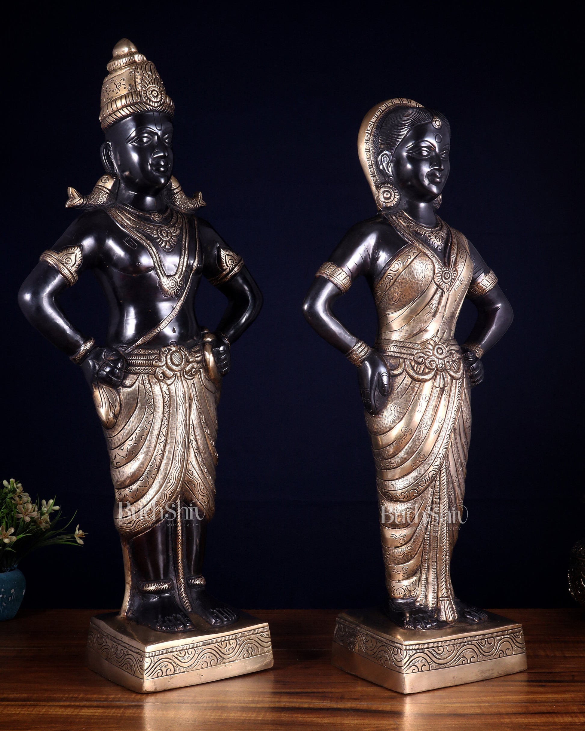 Brass Superfine Vitthal Rukmani Idol Pair 25" Grand Temple-Style Sculptures black and gold