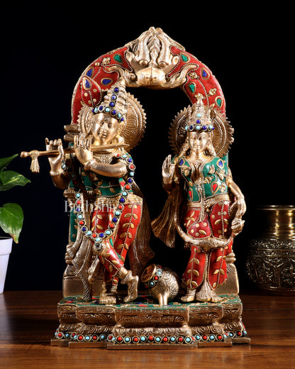 Handcrafted Brass Radha Krishna Idol - Ecstatic Posture 14 inch with stonework